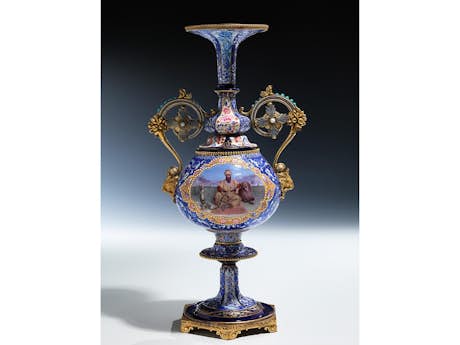 Bedeutende, museale Sèvres-Email-Vase, 1848, im Stil des Indien-Orientalismus von Jacob Meyer-Heine (1805 – 1879) und Théophile Fragonard (1806 – 1876)